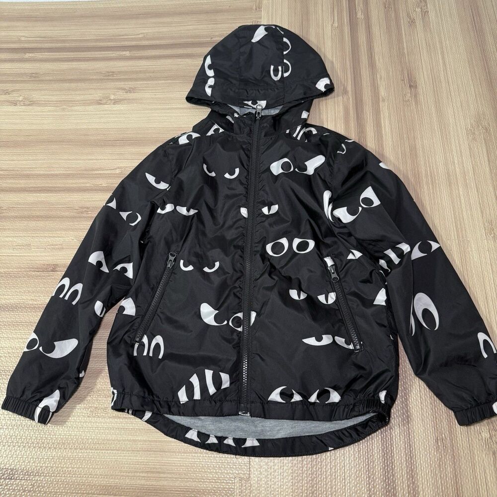 GAP Kids Windbreaker Jacket Unisex Medium Hooded Black Eyes Print Lightweight